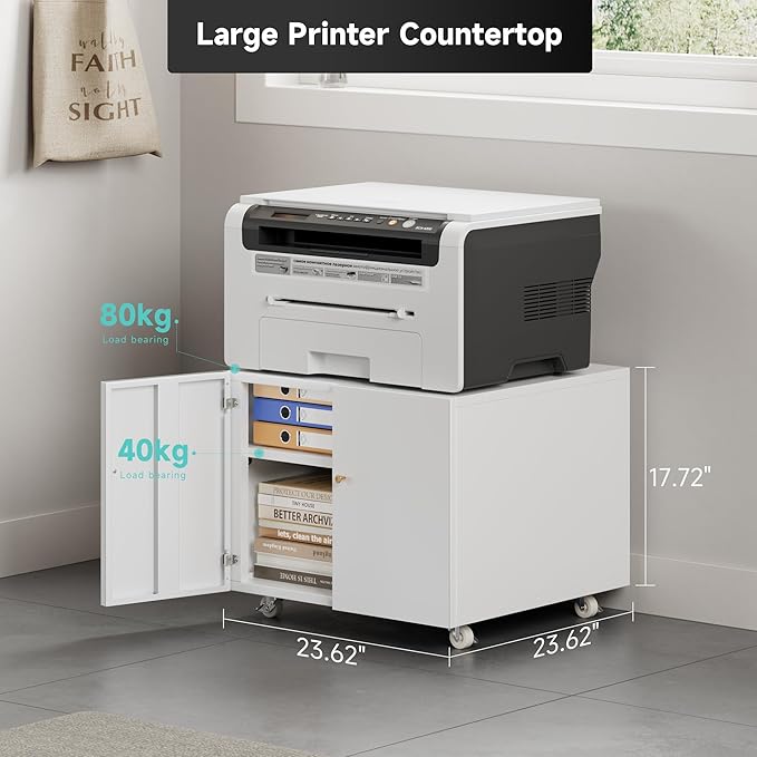 Warmiehomy Metal Printer Stand with Storage Mobile Printer Tables for Small Spaces with Door Adjustable Shelf White File Cabinet on Wheels for Home Office-DeskLoop Office