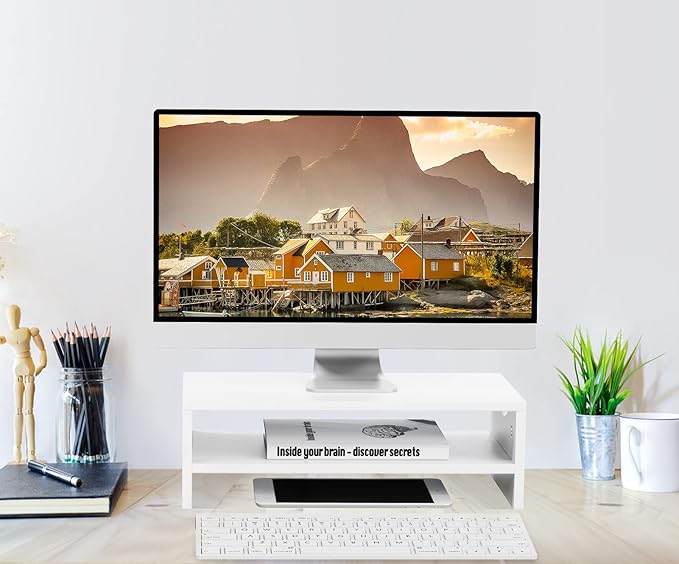 Zimilar Monitor Stand Riser, 2 Tiers Laptop Computer Monitor Riser for PC Screen, iMac, Desktop Wooden Screen Monitor Stand Riser with Storage Organizer for Home Office-DeskLoop Office