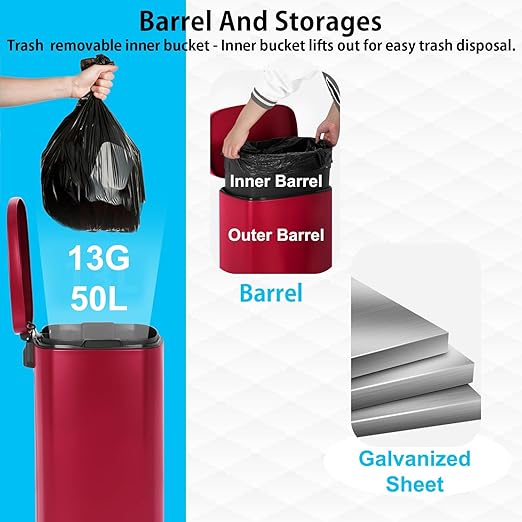 PayLessHere Stainless Steel Trash Can with Lid - Removable Inner Bucket, Foot Pedal, Soft Close for Office, Home, Kitchen (Red, 13 G)-DeskLoop Office