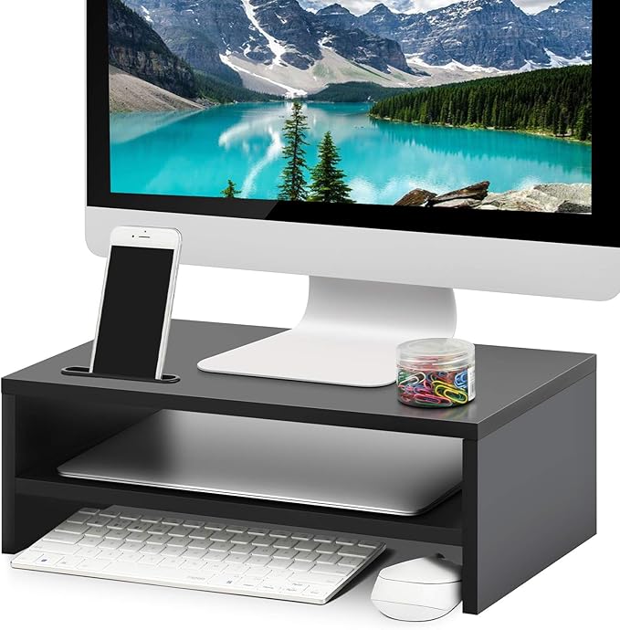 Marbrasse Monitor Stand Riser, 2 Pack 16.5 Inch 2 Tier Computer Monitor Stand, Printer Shelf Stand for Laptop Computer Screen Storagek,Desktop Stand with Phone Holder and Cable Management-DeskLoop Office