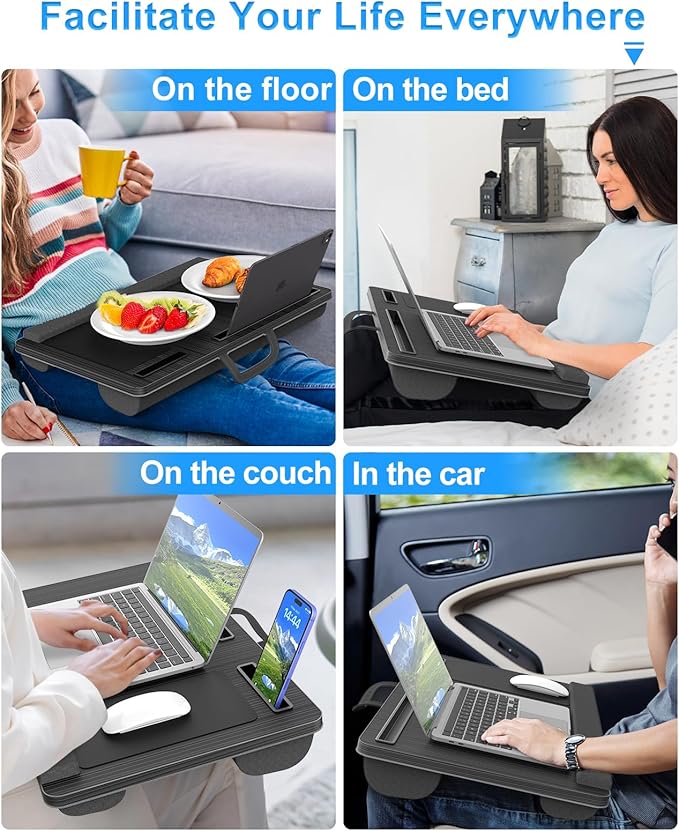 Laptop Lap Desk, Portable Large Laptop Desk for Bed, Up to 17 Inch Lap Pad Tray with Wrist Rest, Mouse Pad, Tablet Phone Slot, Portable Handle, Cushion (Black)-DeskLoop Office