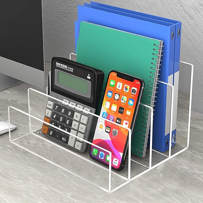 Acrylic File Organizer, 4Sections Clear Desk Organizer for Home Office, Desktop File Folder, Acrylic Mail Organizer Countertop for Notebook, Document and Paper, Clear File Holder,1Pcs-DeskLoop Office
