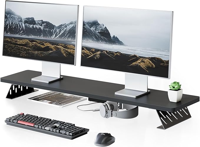 Fenge Dual Monitor Stand Riser, 42.5 Inch Desk Top Shelf for 2 Monitors, Computer Stands for Desk, Wood & Steel Desktop Riser for Laptop, PC, Printer-DeskLoop Office