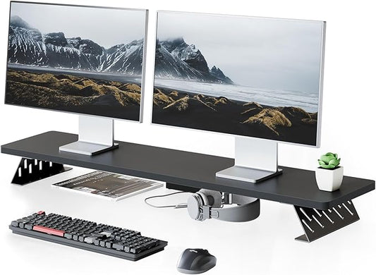 Fenge Dual Monitor Stand Riser, 42.5 Inch Desk Top Shelf for 2 Monitors, Computer Stands for Desk, Wood & Steel Desktop Riser for Laptop, PC, Printer-DeskLoop Office