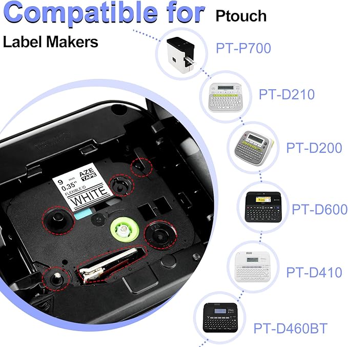 2 Pack 9mm 0.35 TZe-FX221 Laminated Tape Compatible for Ptouch TZ TZe Flexible ID Cable Wires Labels Black on White 3/8" for PT-PD200 D210 D400 D600 H100 H110 P300BT P700 P710BT-DeskLoop Office
