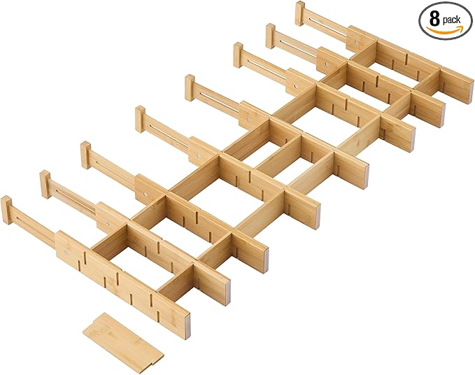 FILWH Bamboo Drawer Dividers with Inserts kitchen drawer organizer Adjustable Expandable 8 Pack Organizer Set for Kitchen Bedroom Bathroom Office 8 Dividers with 16 Inserts (Natural, Small (14-19IN))-DeskLoop Office