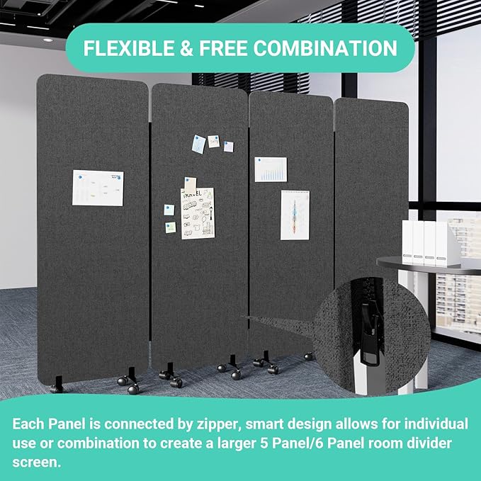 Soundproof Room Divider W/Wheels, 66in Office Dividers for Sound Proofing & Reducing, Sound Proof Dividers for Office Partitions Portable Temporary Wall Acoustic Wall Divider (Cool Grey, 4 Panel)