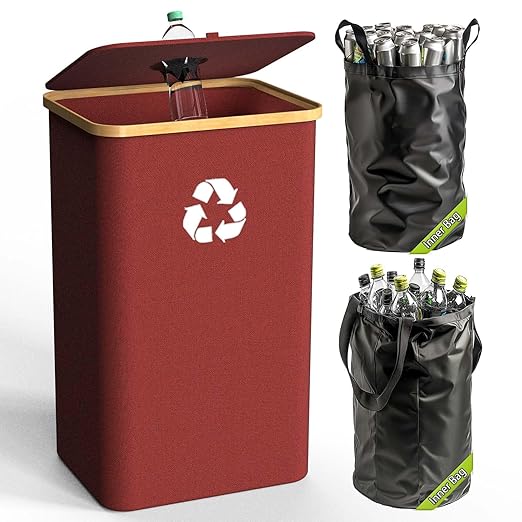 Recycling Bin for Kitchen Indoor Home, Large 100L/ 26 Gallon Recycle Bin with Lid Removeable Reusable Inner Bag Bottle Can Glass Waste Plastice Stickers (Red, 26 Gallon)-DeskLoop Office