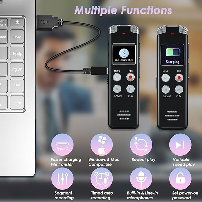 64GB Digital Voice Recorder with Playback: Voice Activated Recorders for Lectures Meetings Interviews - EVISTR Dictaphone Recording Device Tape Recorder Portable Mini, Audio Recorder with USB, MP3-DeskLoop Office