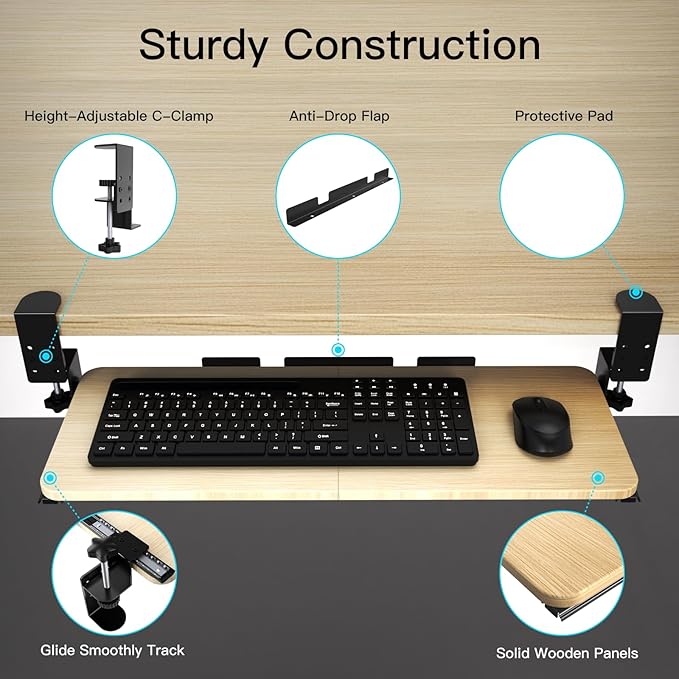 Ergonomic Keyboard Tray Under Desk Pull Out with Adjustable C-Clamp Mount, Slide-Out Computer Keyboard and Mouse Platform Drawer for Office and Home Typing (Light Wood)-DeskLoop Office