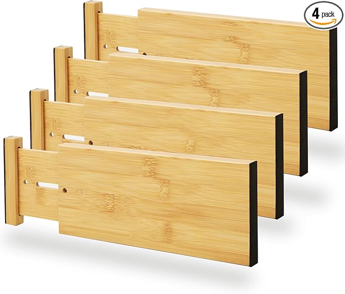 BAMEOS 4" High Bamboo Drawer Dividers - Adjustable Small Drawer Organizer - Kitchen, Dresser, Bathroom, Bedroom & Office - 4-pack-DeskLoop Office