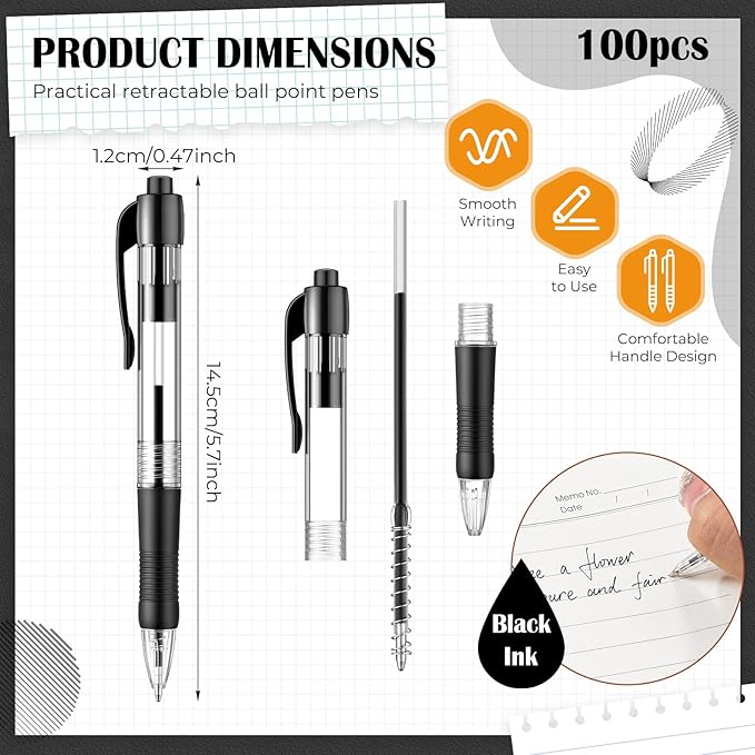 Fulmoon 100 Pcs Gel Ink Pens Retractable Ballpoint Medium Point 1.0 mm Ballpoint Smooth Writing Click Pens for Journal Writing Office Home(Black Ink)-DeskLoop Office