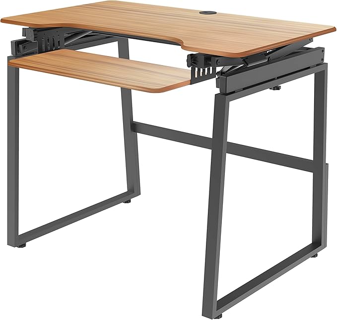 Rocelco 40" Large Height Adjustable Standing Desk BUNDLE - Quick Sit Stand Up Dual Monitor Riser - Gas Spring Assist Computer Workstation - Retractable Keyboard Tray - Teak Wood Grain (R DADRT-40-FS2)-DeskLoop Office