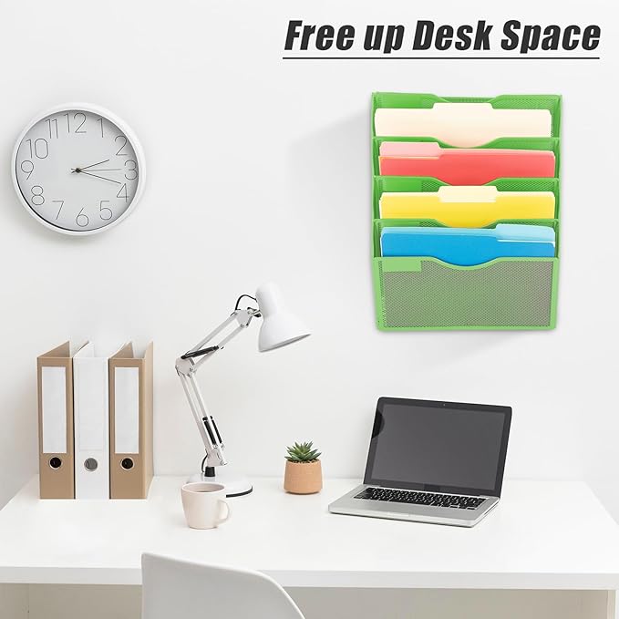 EASEPRES 5 Pocket Mesh Hanging Wall File Organizer, Wall Mounted Mail Paper Document Folder Holder, Clipboard Storage Organization Magazine Rack with Nametag Label for Office Home School, Green-DeskLoop Office