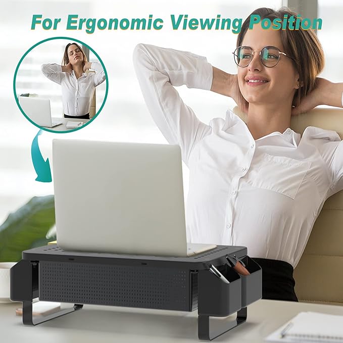 WALI Monitor Stand with Storage, Monitor Riser with Ventilation Drawer and Side Storage, Laptop Stand Riser for Desk, Printer Stands, (STT007), Black-DeskLoop Office