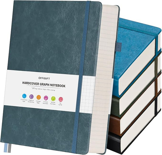 5 Pack Graph Paper Notebook, 312 Numbered Pages Graph Notebook Bulk, 100gsm No Bleed Grid Paper Notebooks for Work, Hardcover Leather Journal, Squared Grid Notebook for Graphing Notes Math, Multicolor-DeskLoop Office