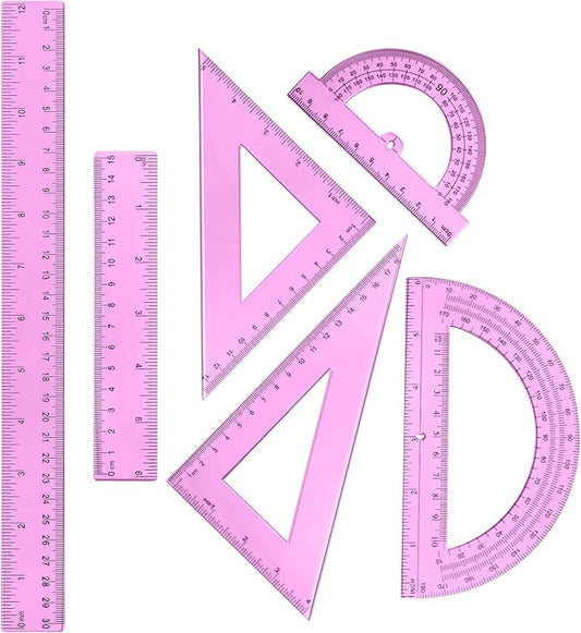 Tenare 6 Pcs Plastic Ruler Math Set Includes 12 Inch 6 Inch Straight Protractor Triangle Geometry Transparent Math Ruler Measuring Tools for School Office Home(Pink)-DeskLoop Office
