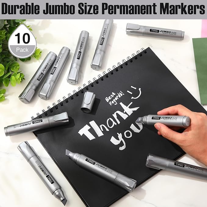 Fuutreo 10 Pack Jumbo Permanent Markers Bulk Large Chisel Tip Permanent Markers Quick Drying Waterproof Big Huge Poster Pens for Office, Logistics Company and More(Silver)-DeskLoop Office
