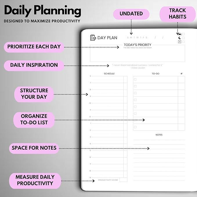 Undated Daily Planner – 6-Month A5 Productivity Organizer with Full Page Per Day, Hourly Schedule, Goal Setting, Habit Tracker, Weekly & Monthly Pages – Hardcover Time Management Notebook (Lilac)-DeskLoop Office