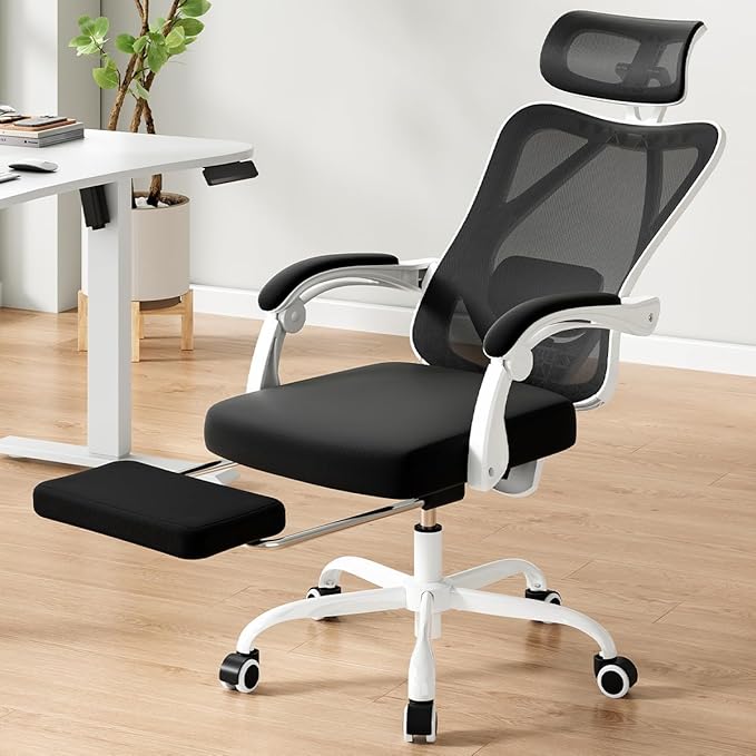 Farini Ergonomic Office Chair with Footrest, Mesh Office Desk Chair with Headrest, High Back Computer Chair with Adjustable Lumbar Support for Home Office Study Room Bedroom, White & Black-DeskLoop Office