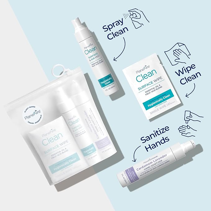 Travel Essentials | Hygiene Kit | Travel Toiletry Kit | Travel Size | Lotion Hand Sanitizer Cardamom Lavender Scent | Surface Wipes | Individual Travel Wipes | Surface Cleaner | With Essential Oils-DeskLoop Office