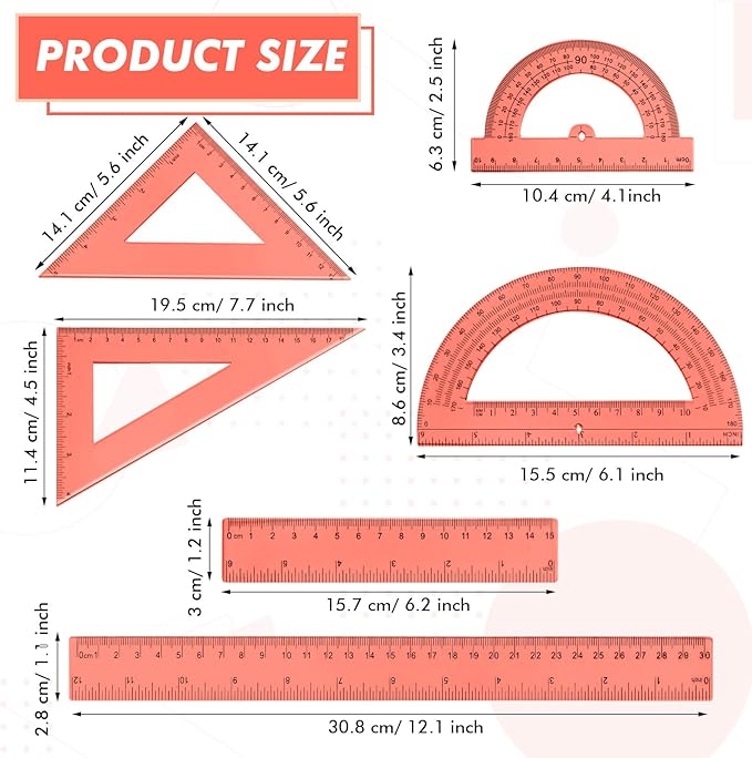Tenare 6 Pcs Plastic Ruler Math Set Includes 12 Inch 6 Inch Straight Protractor Triangle Geometry Transparent Math Ruler Measuring Tools for School Office Home (Orange)-DeskLoop Office
