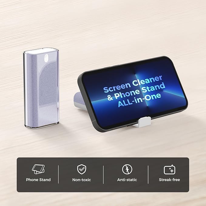 CLICK CLEAN Touchscreen Mist Cleaner, Screen Cleaner, All in One Screen Cleaner Spray with Microfiber and Phone Stand for All Phones, Laptop and Tablet Screens (Purple), W5131-DeskLoop Office