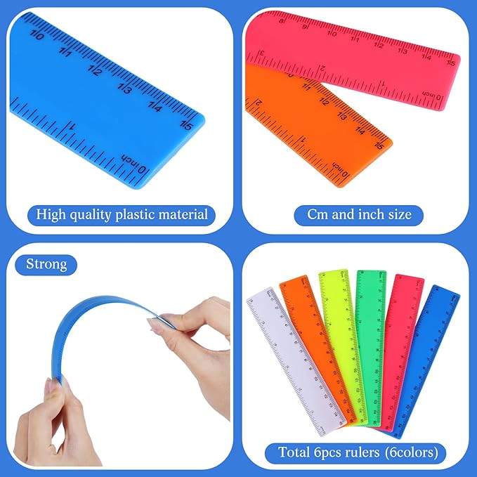 Zonon 6 Pcs 6 Inch Ruler Bulk Colorful Plastic Flexible Straight Metric Rulers with Centimeters and Inches Drafting Measuring Tool for Classroom School Students Education-DeskLoop Office