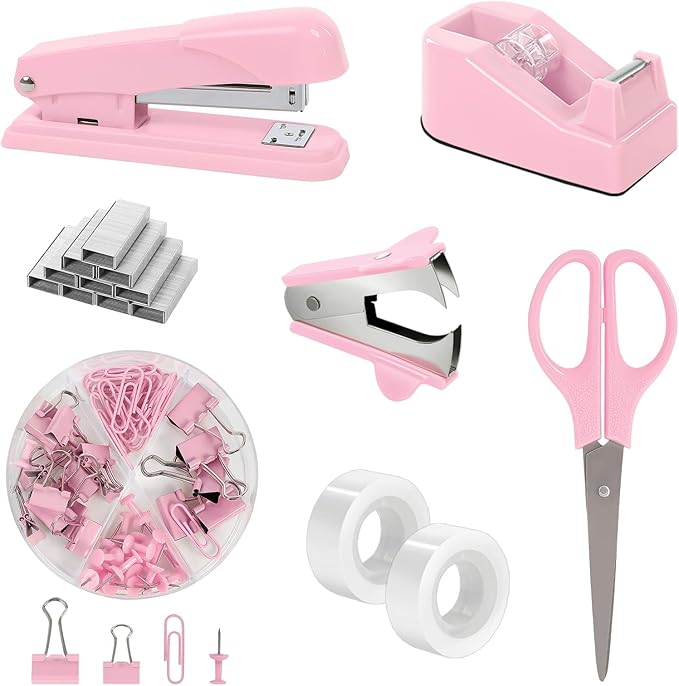 SKYDUE Pink Office Desk Accessories, Pink Office Supplies, Stapler, Tape Dispenser, Scissors, Clips and 1000pcs Staples,Office Supplies for Desk for Women-DeskLoop Office