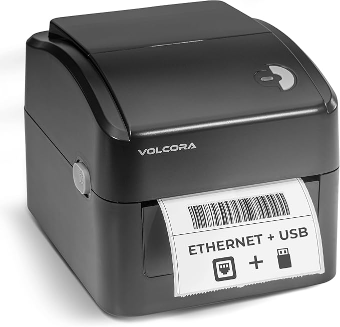 Volcora Thermal Label Printer with Ethernet/USB - Desktop 4x6 Shipping Label Printer, Compatible with Windows, Linux, Mac - Ideal for Small Business, Inkless Printer for Shipping Packages (Black)-DeskLoop Office
