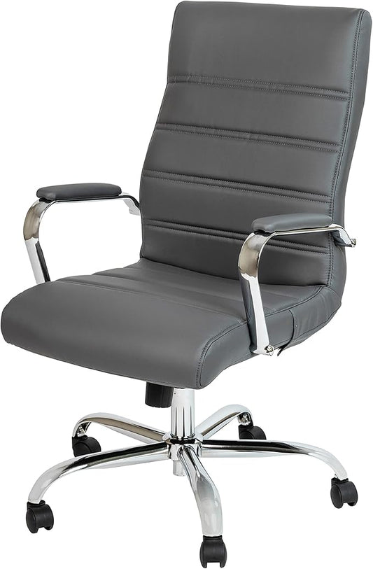 Flash Furniture Whitney High-Back Swivel LeatherSoft Desk Chair with Padded Seat and Armrests, Adjustable Height Padded Office Chair, Gray/Chrome-DeskLoop Office