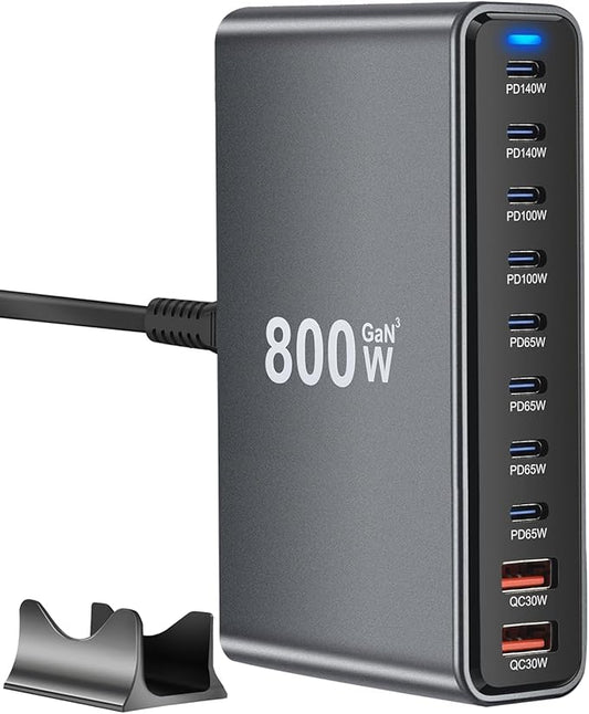 800W USB C Fast Charger Block, 10 Port USB Charging Station, GaN Ⅲ Pro Dual 140W PD PPS Port for Multiple Devices,Laptop Wall Charger Compatible with DELL, HP, MacBook Pro,iPhone 16,Galaxy S24-DeskLoop Office
