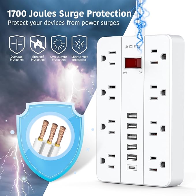 10ft Extension Cord Long Power Strip,AOFO 8 Widely-Spaced Outlets & 6 USB Ports Flat Plug Power Strip,Power Cord for Wall Mountable and Desktop White