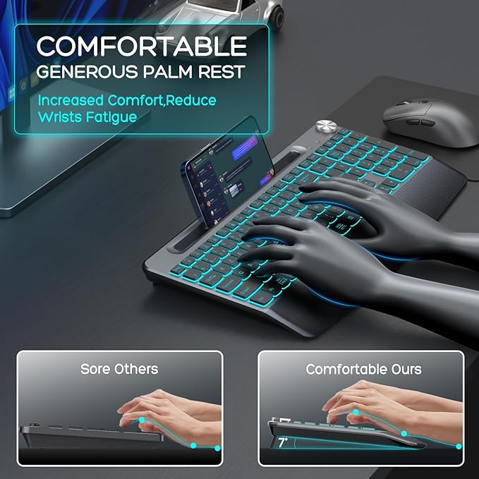 Backlit Keyboard and Mouse Combo, 7 Colors Wireless Keyboard Ergonomic with Wrist Rest and Volume Knob,Phone Holder,Rechargeable with Light Up Keyboard for Laptop, PC, Mac, Windows -Black-DeskLoop Office