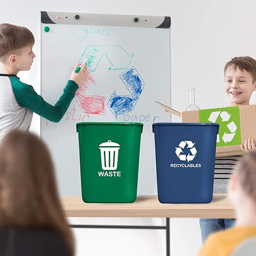 Acrimet Wastebasket Bin for Recycling and Waste, 6.75 Gallon/ 27 Quart/ 24 Liter (Plastic) (Green and Blue) (Set of 2)-DeskLoop Office
