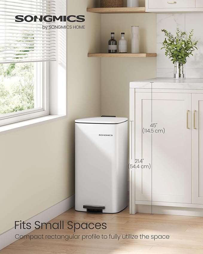 SONGMICS Kitchen Trash Can, 8-Gallon (30 L) Trash Bin, Stainless Steel Garbage Can, with Inner Bucket, Soft Close and Stays Open, Cloud White ULTB593W01-DeskLoop Office