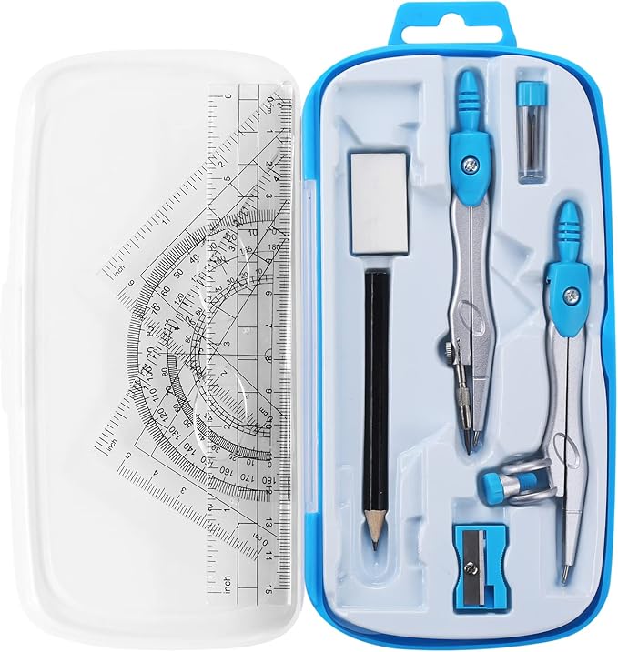 Math Geometry Kit Sets 10 Piece Student Supplies with Shatterproof Storage Box,Includes Rulers,Protractor,Compass,Eraser,Pencil Sharpener,Lead Refills,Pencil,for Drafting and Drawings(Blue)-DeskLoop Office