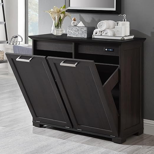 OLD CAPTAIN Double Tilt Out Trash Cabinet, Wooden Kitchen Garbage Can Free Standing Holder (Dark Brown+Black Top Panel)…-DeskLoop Office