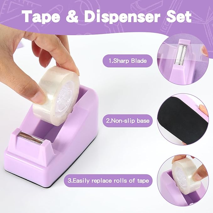 Office Supplies Set, Purple Stapler and Tape Dispenser Set with Staple Remover, Stapler and Staples Set with 1000 Staples, Clips, Tape, Scissor and Tabs, Desk Accessories for Women Student-DeskLoop Office
