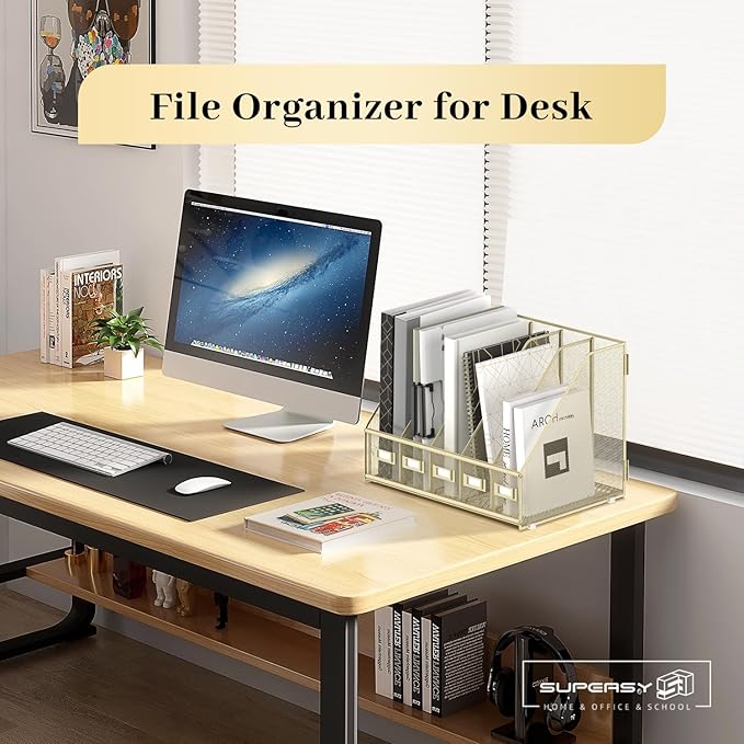 SUPEASY Desk Organizers Metal Desk Magazine File Holder with 5 Vertical Compartments Rack File Organizer for Office Desktop, Home Workspace, Golden Yellow-DeskLoop Office