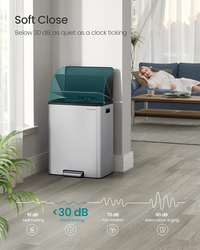 SONGMICS Trash Can, 2 x 8 Gallon (2 x 30 L) Double Garabge Can for Recycling and Waste, Stainless Steel, Soft-Close Lid, Inner Buckets, Wide Sturdy Pedal, Metallic Silver ULTB556E01-DeskLoop Office