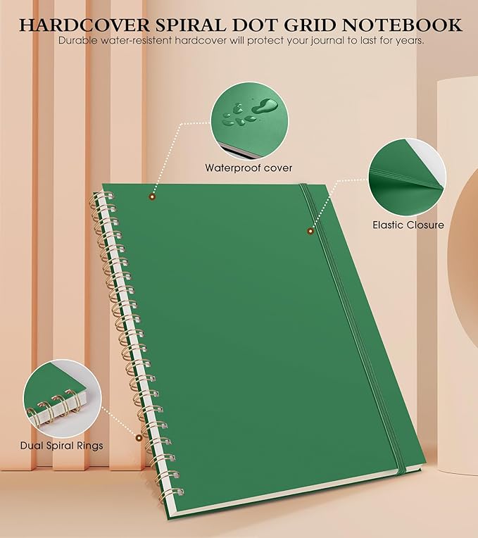 Dotted Notebook, Spiral Notebook Journal 8.5” x 11”, A4 Large Dot Grid Notebooks for Women Men, 100 GSM Dotted Paper, Plastic Hardcover Spiral Bullet Journals for Work School Sketching, Green-DeskLoop Office