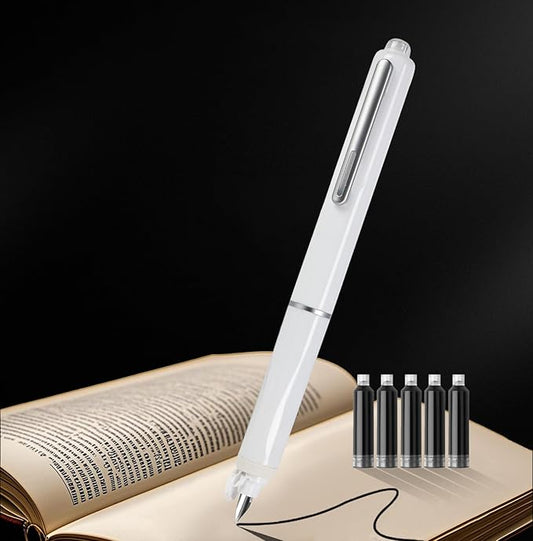 Retractable Fountain Pen Set, Click Fountain Pen Fine Nib, Capless Fountain Pen, Click-to-Write Pen with 5 Black Ink Cartridges, for Writing Journaling Sketching Drawing Calligraphy White-DeskLoop Office