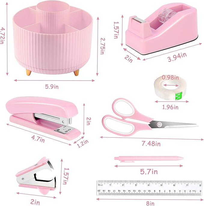 Pink Desk Accessories, Pink Office Supplies 360°Pen Holder Desk Organizers and Accessories with Tape Dispenser, Stapler, Staple Remover, 1000 Staples, Tape, Clips Set, Ruler, Scissor, Pen-DeskLoop Office