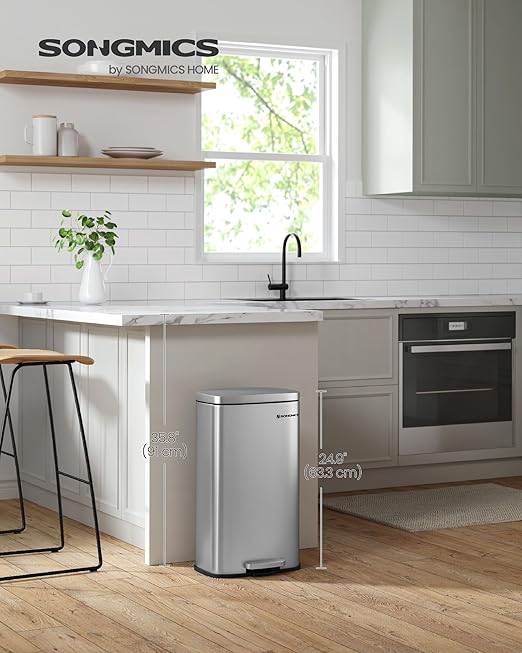 SONGMICS Trash Can with Lid, 8 Gallon Garbage Can, Stainless Steel Small Waste Bin with Step Pedal and Inner Bucket, Soft Close, Kitchen, Silver ULTB03NL-DeskLoop Office