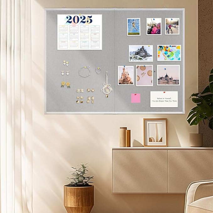 Double-Sided Large Cork Board with Linen, 48" x 36" Foldable Hanging Aluminum Framed Bulletin Board, Vision Board Pin Board Corkboards for Walls, Office, School Decor, 20 Pushpins-DeskLoop Office