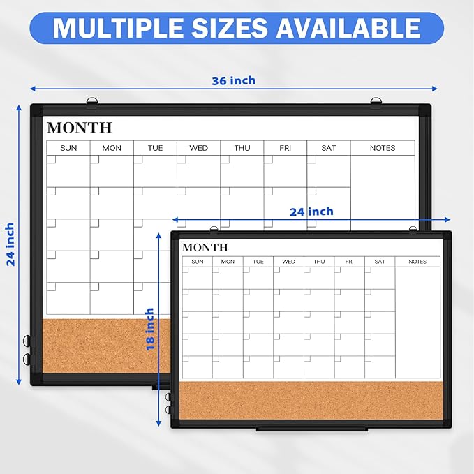 Monthly Calendar Whiteboard Dry Erase Cork Board Combo, 24" x 18" Magnetic Double-Sided Calendar White Board and Bulletin Board with Black Aluminium Frame, Portable Whiteboard for Office, Home, School-DeskLoop Office