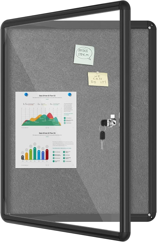 26"x20" Enclosed Bulletin Board, Lockable Weather-Resistant Aluminum Cork Noticeboard for School & Office, Black Frame w/Grey Flet-DeskLoop Office