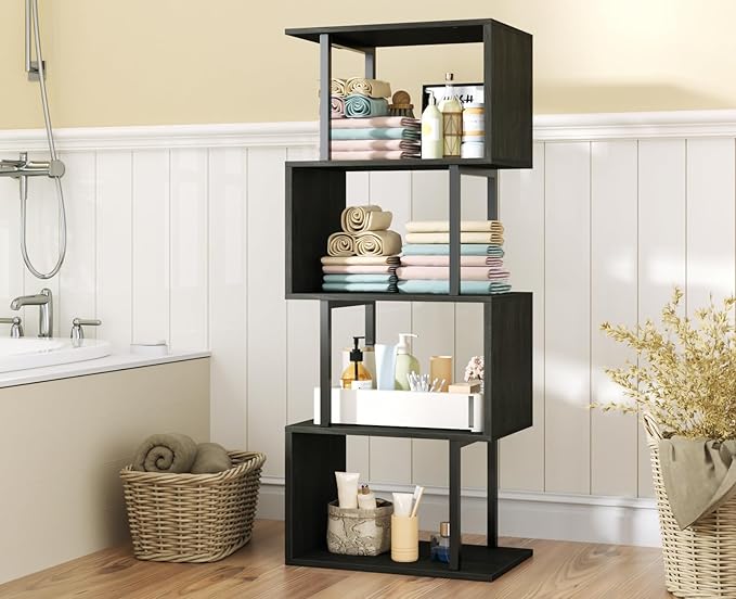 Furologee Geometric Bookshelf 5 Tier Bookcase, Industrial S-Shaped Display Storage Shelf for Small Space, Tall Metal Wood Decorative Standing Shelves for Bedroom, Living Room, Office, Black Oak-DeskLoop Office