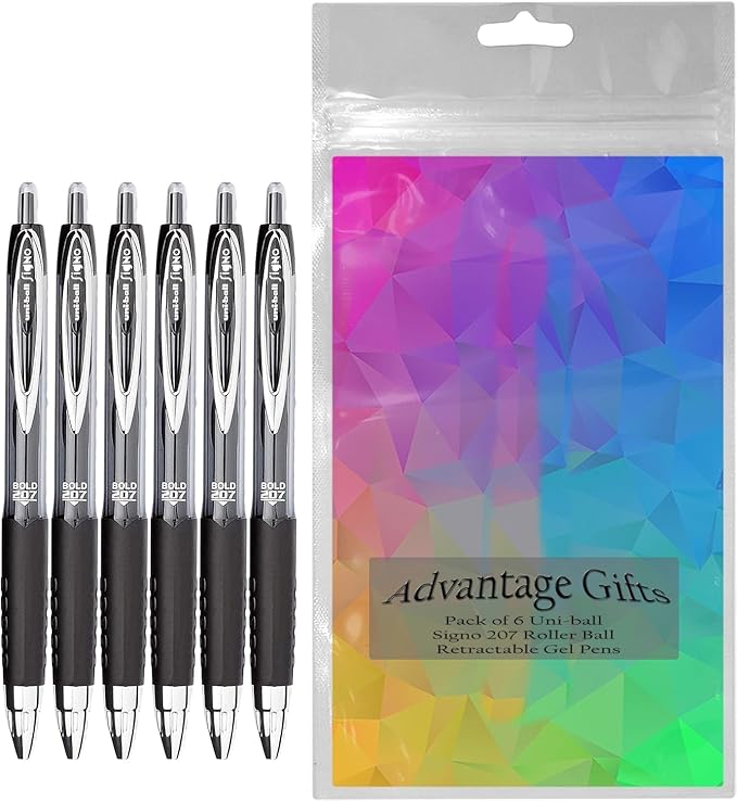 Signo 207 Roller Ball Retractable Gel Pens, Bold Point (1.0mm), Black Ink, 6 Count, Bundle with Plastic Reusable Pouch-DeskLoop Office